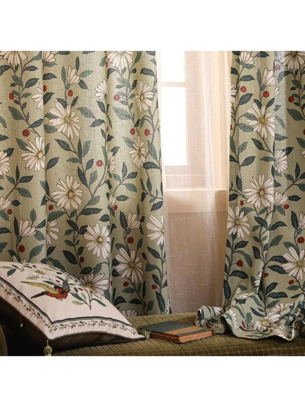 Elegant Green Linen Printed Curtains, 2 Panels, 87